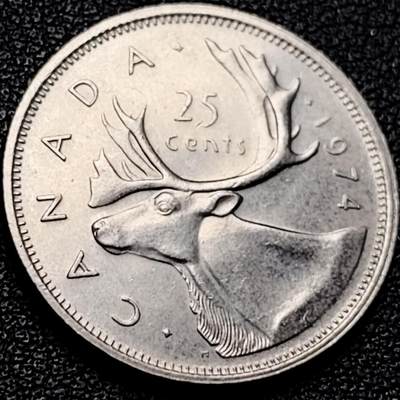 泉币菌-第204场-元宵节专场 本场拍品多 请提前出价 - 高币值 加拿大1974年1/4加拿大元 伊丽莎白二世 驯鹿 24mm 