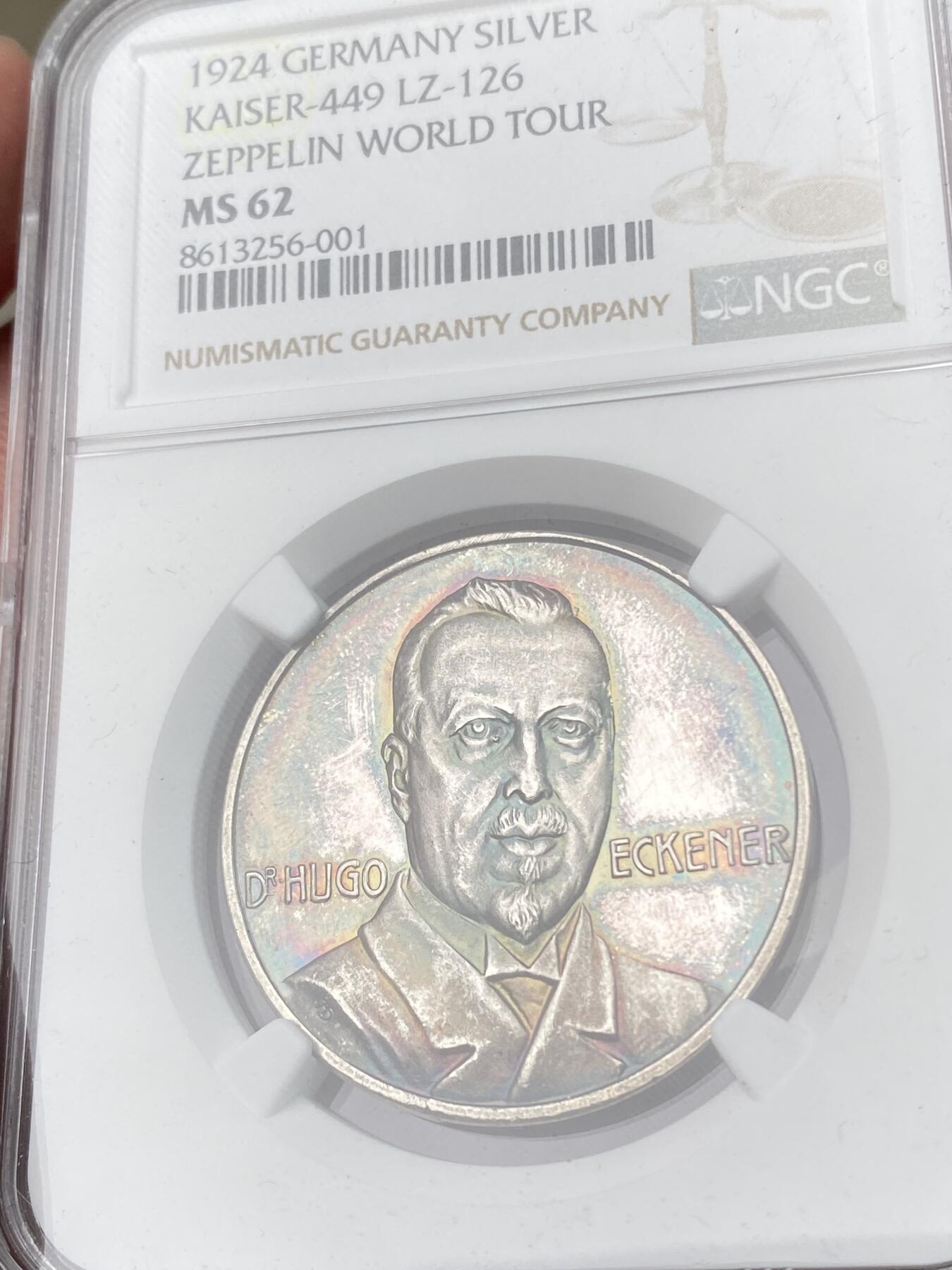 万国钱币拍卖第062期 NGC MS62 1924年德国齐柏林伯爵飞艇成功环绕地球纪念银章 欧陆天鹅绒七彩包浆顶级镜面喷砂收藏品质