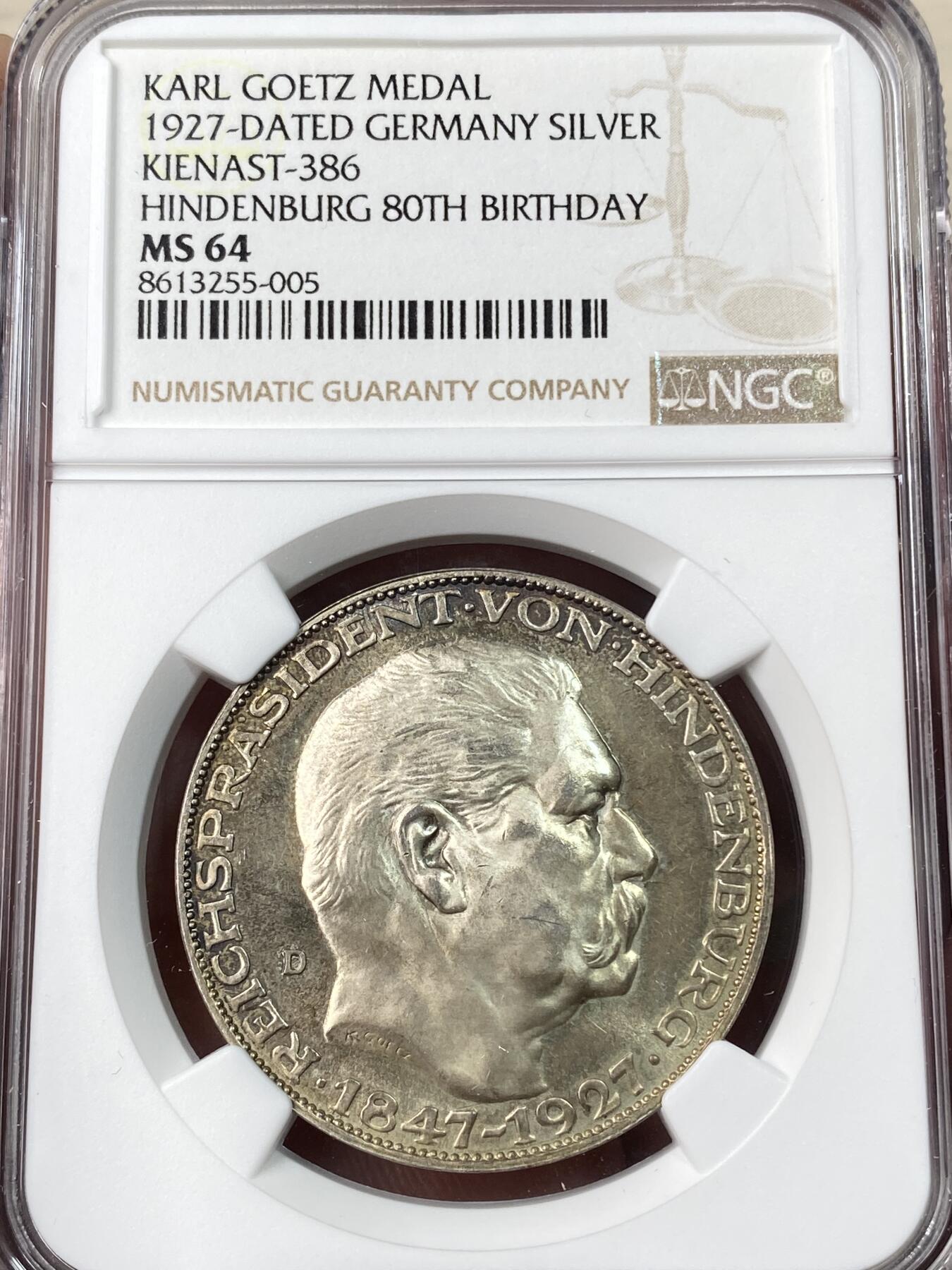 万国钱币拍卖第062期 NGC MS64 1927年德国魏玛共和国兴登堡总统80大寿5马克币章 卡尔哥茨作品 原味焕蓝彩极美 锋利银霜质感顶级收藏品质