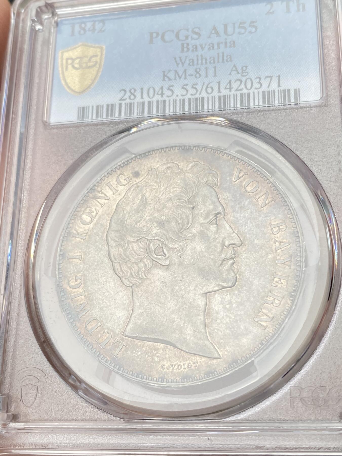 万国钱币拍卖第062期 PCGS AU55 1842年德国巴伐利亚路德维希一世瓦尔哈拉圣殿落成历史2泰勒 历史泰勒名品之一 德国最伟大的死亡圣殿·英灵殿·瓦尔哈拉 全德国最伟大人物的归宿之殿堂 原味德式五彩极美 好品越来越难的历史2t系列