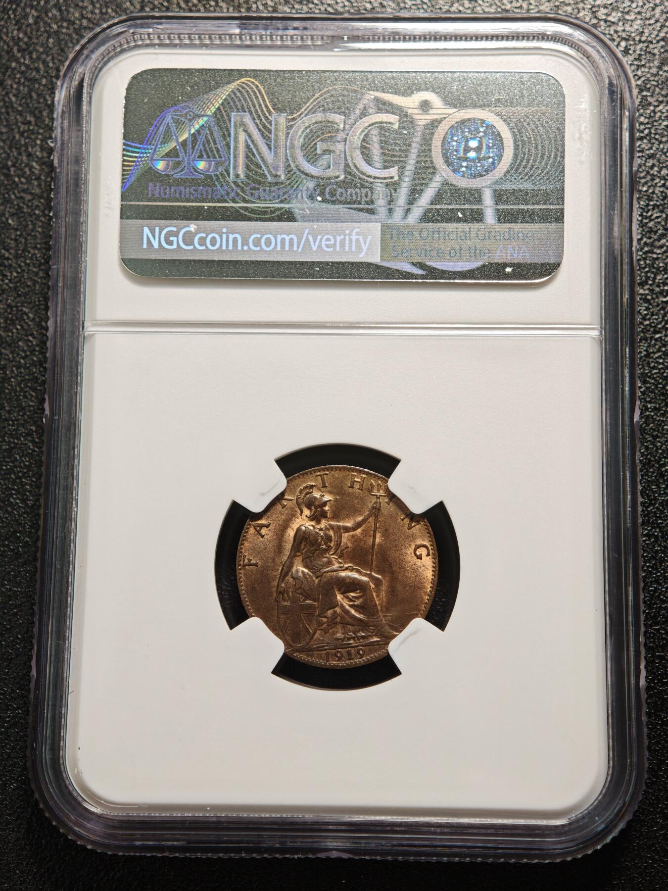 【德藏】世界币章拍卖第166期（拍品征集中~欢迎藏友联系） 1919年 英国爱德华七世1/4便士铜币 NGC MS63BN 状态极佳