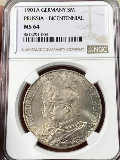 万国钱币拍卖第062期 - NGC MS64 1901年德国威廉二世纪念普鲁士建国200周年长翅5马克 帝国马克最广为流通的系列之一 原味银霜黄油转光收藏级