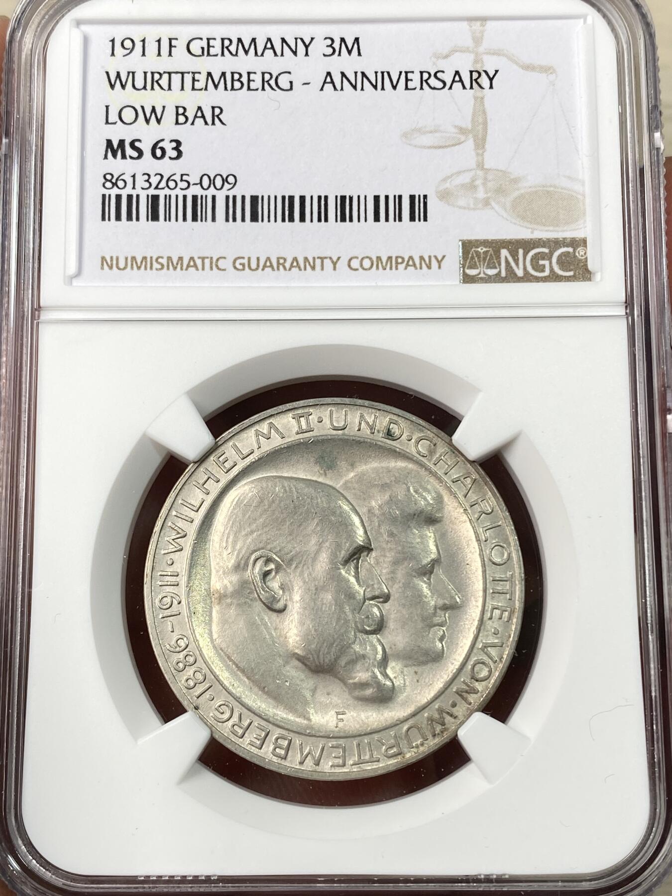 万国钱币拍卖第062期 NGC MS63 1911年德国符腾堡威廉二世结婚纪念长翅3马克 原味银霜转光