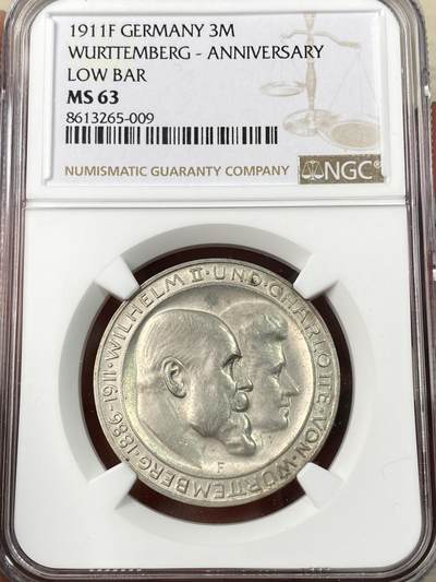 万国钱币拍卖第062期 - NGC MS63 1911年德国符腾堡威廉二世结婚纪念长翅3马克 原味银霜转光