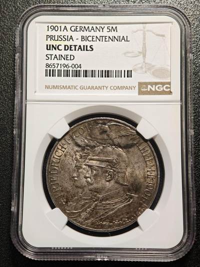 【德藏】世界币章拍卖第166期（拍品征集中~欢迎藏友联系） - 1901年 德国普鲁士建国200周年5马克大银币 NGC UNC