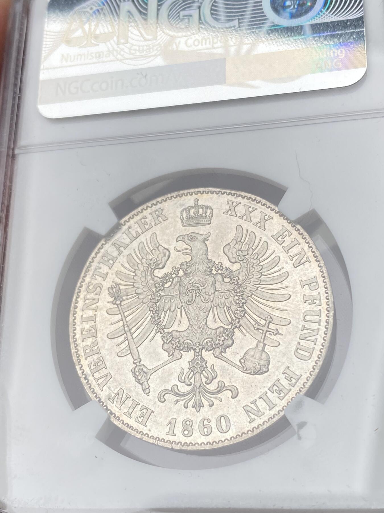 万国钱币拍卖第062期 NGC MS62 1860年德国普鲁士威廉四世离冠鹰流通1泰勒 流通充分品种 极致银霜轻微镜面收藏级
