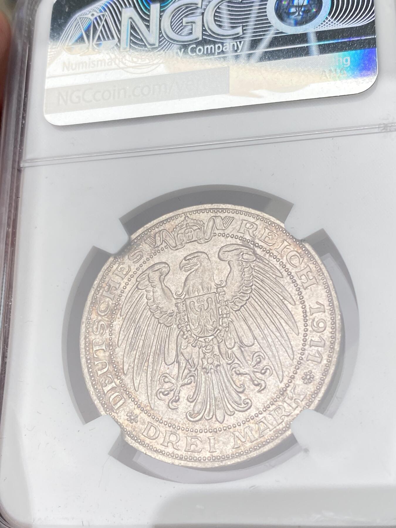 万国钱币拍卖第062期 NGC MS64 1911年德国普鲁士布雷斯劳大学长翅3马克 双面转光环五彩极美光度炸裂