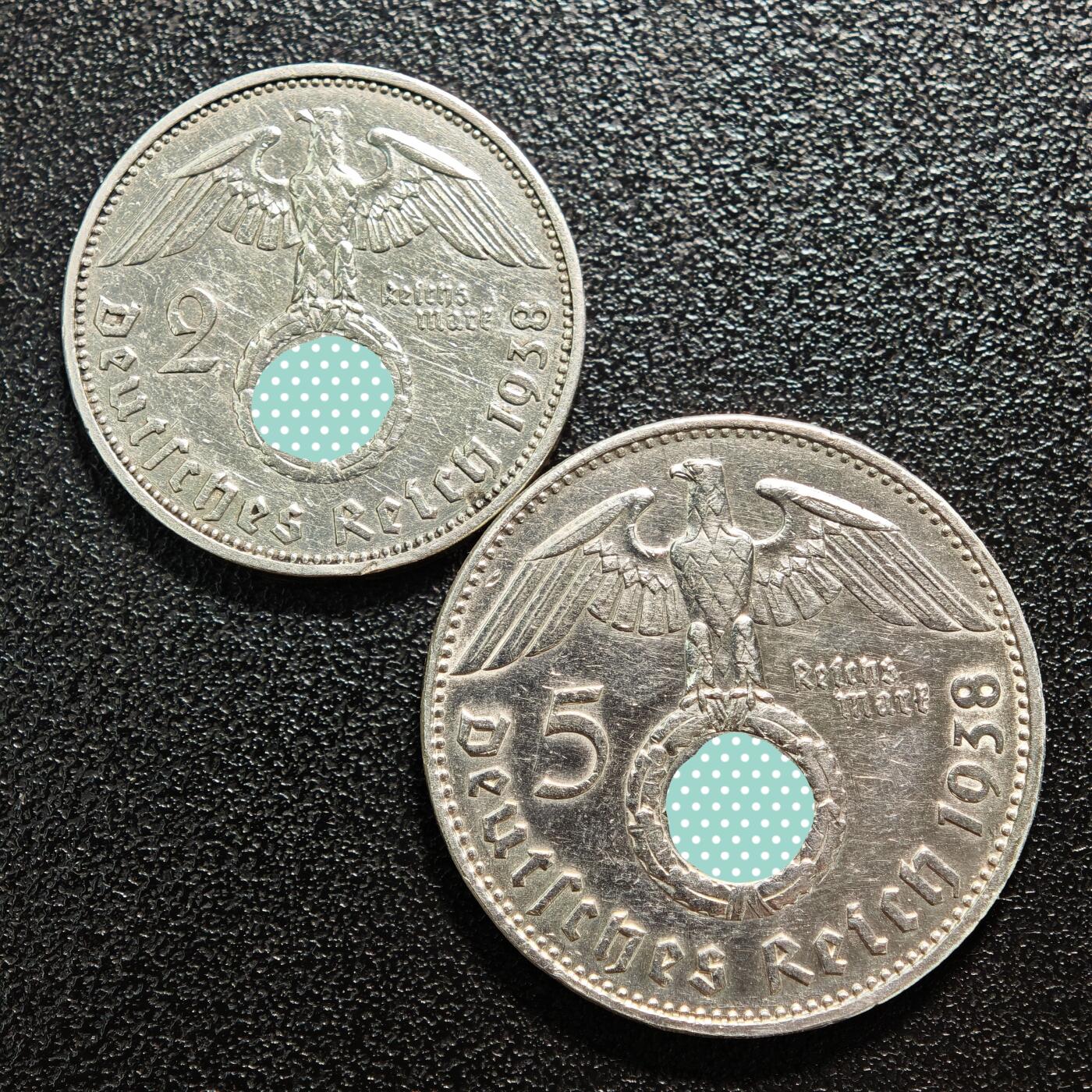 【德藏】世界币章拍卖第166期（拍品征集中~欢迎藏友联系） 2枚一组 1938年 德国民族社会主义工人党兴登堡2马克及5马克银币