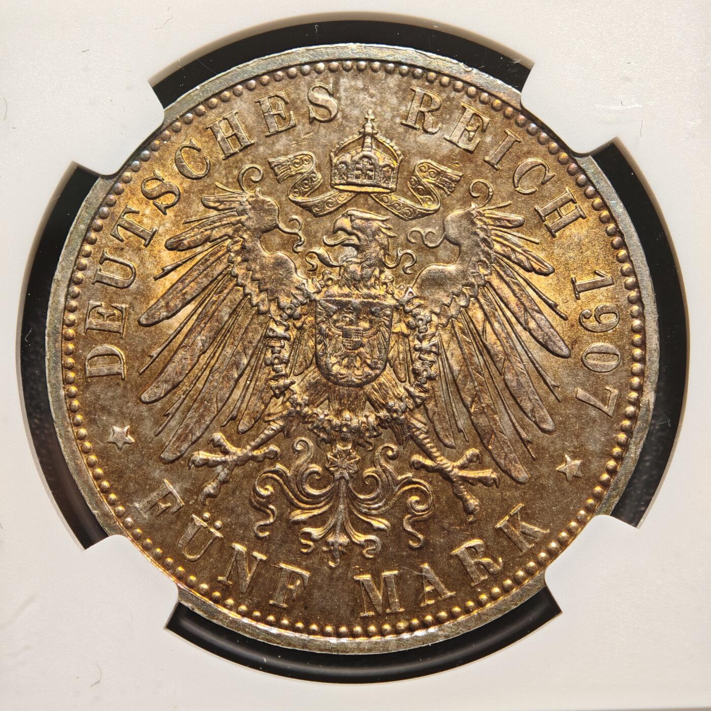 【德藏】世界币章拍卖第166期（拍品征集中~欢迎藏友联系） 1907年 德国巴伐利亚奥托5马克大银币 NGC UNC