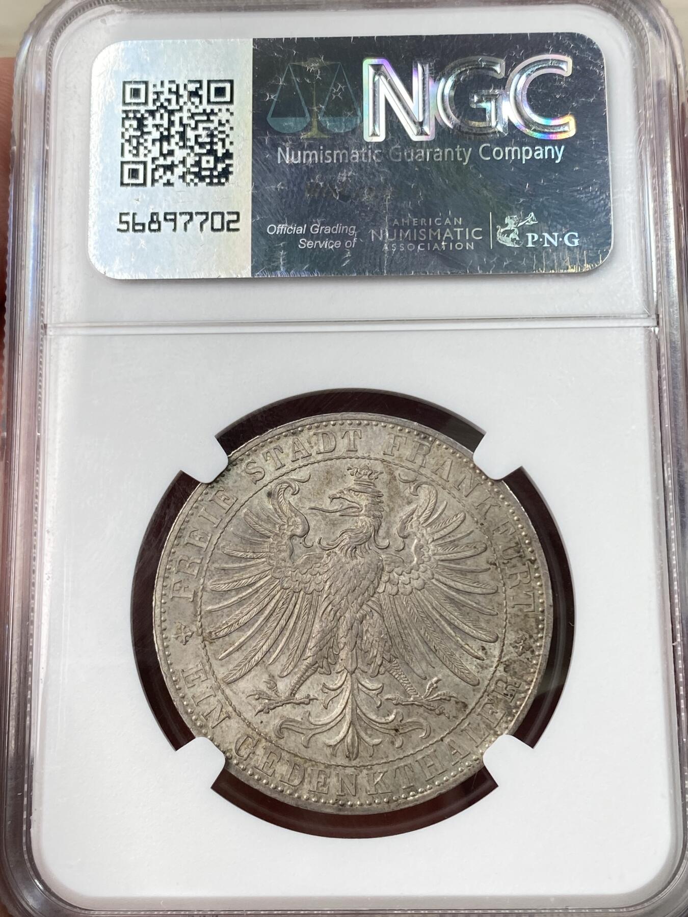 万国钱币拍卖第062期 NGC MS64 1863年德国法兰克福王子会议1泰勒 经典法兰城景观品种 极美德式五彩覆盖  极其难得的收藏级状态