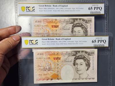 2月28号晚上8点 外国纸币自动截拍第32场 - 全新英国10镑 E序列初版 狄更斯 M.Lowther签名 1999年 PCGS65PPQ 连号