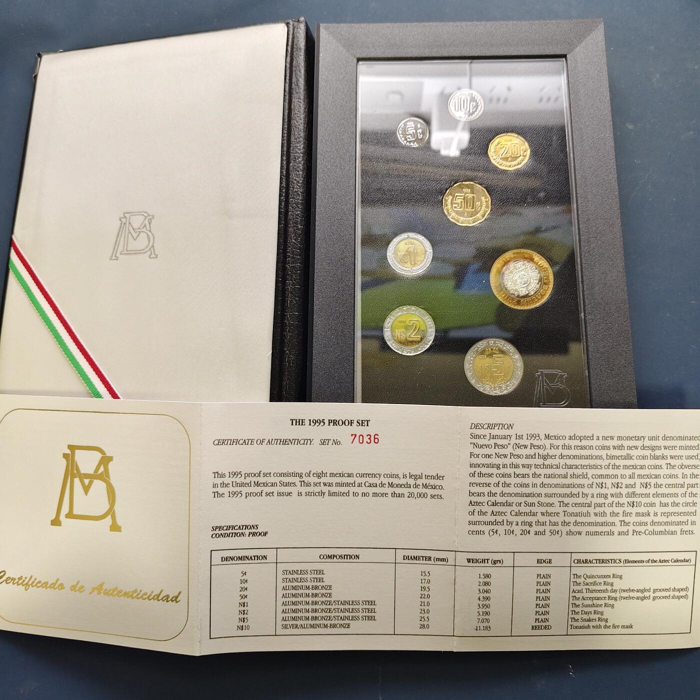 【全场包邮】纯粹捡漏拍509场 【少见】墨西哥1995年官方精制套币-盒证全-量6981-10比索为银芯精制币【28毫米11.13克92.5%】仅随套币发行