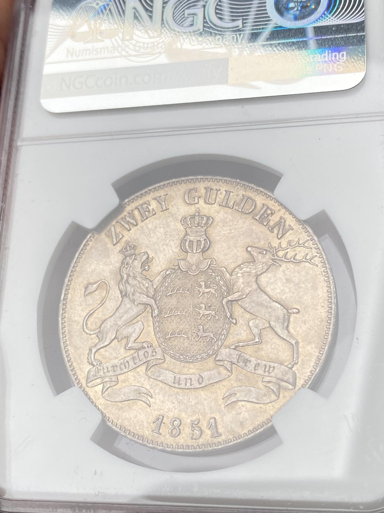 万国钱币拍卖第062期 NGC MS61 1851年德国符腾堡狮鹿流通2古尔登大银币 原味香槟金彩观感极佳 少见年份NGC唯一亚军仅4枚有分记录高难收藏级