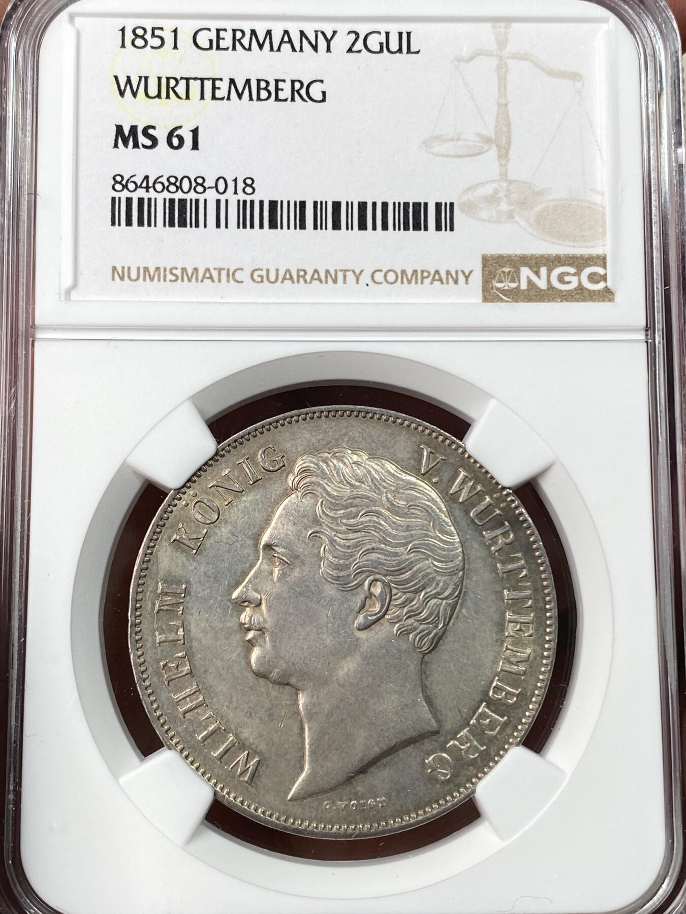 万国钱币拍卖第062期 NGC MS61 1851年德国符腾堡狮鹿流通2古尔登大银币 原味香槟金彩观感极佳 少见年份NGC唯一亚军仅4枚有分记录高难收藏级