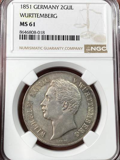 万国钱币拍卖第062期 - NGC MS61 1851年德国符腾堡狮鹿流通2古尔登大银币 原味香槟金彩观感极佳 少见年份NGC唯一亚军仅4枚有分记录高难收藏级