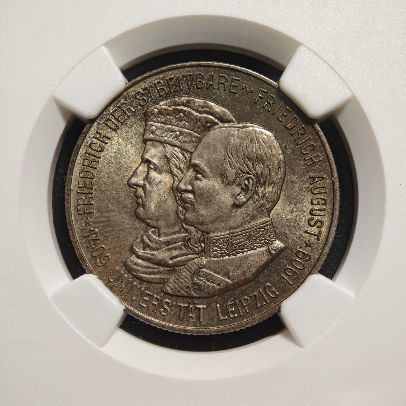 【德藏】世界币章拍卖第166期（拍品征集中~欢迎藏友联系） 1909年德国萨克森莱比锡大学2马克银币 NGC MS65 深彩包浆