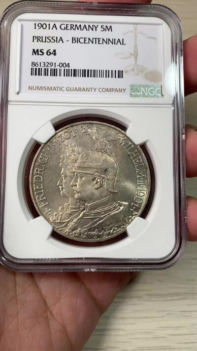 万国钱币拍卖第062期 NGC MS64 1901年德国威廉二世纪念普鲁士建国200周年长翅5马克 帝国马克最广为流通的系列之一 原味银霜黄油转光收藏级
