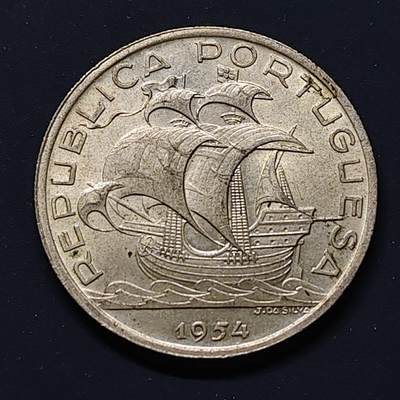 【全场包邮】纯粹捡漏拍508场 - 葡萄牙1954年帆船10埃斯库多银币【30毫米12.5克68%】
