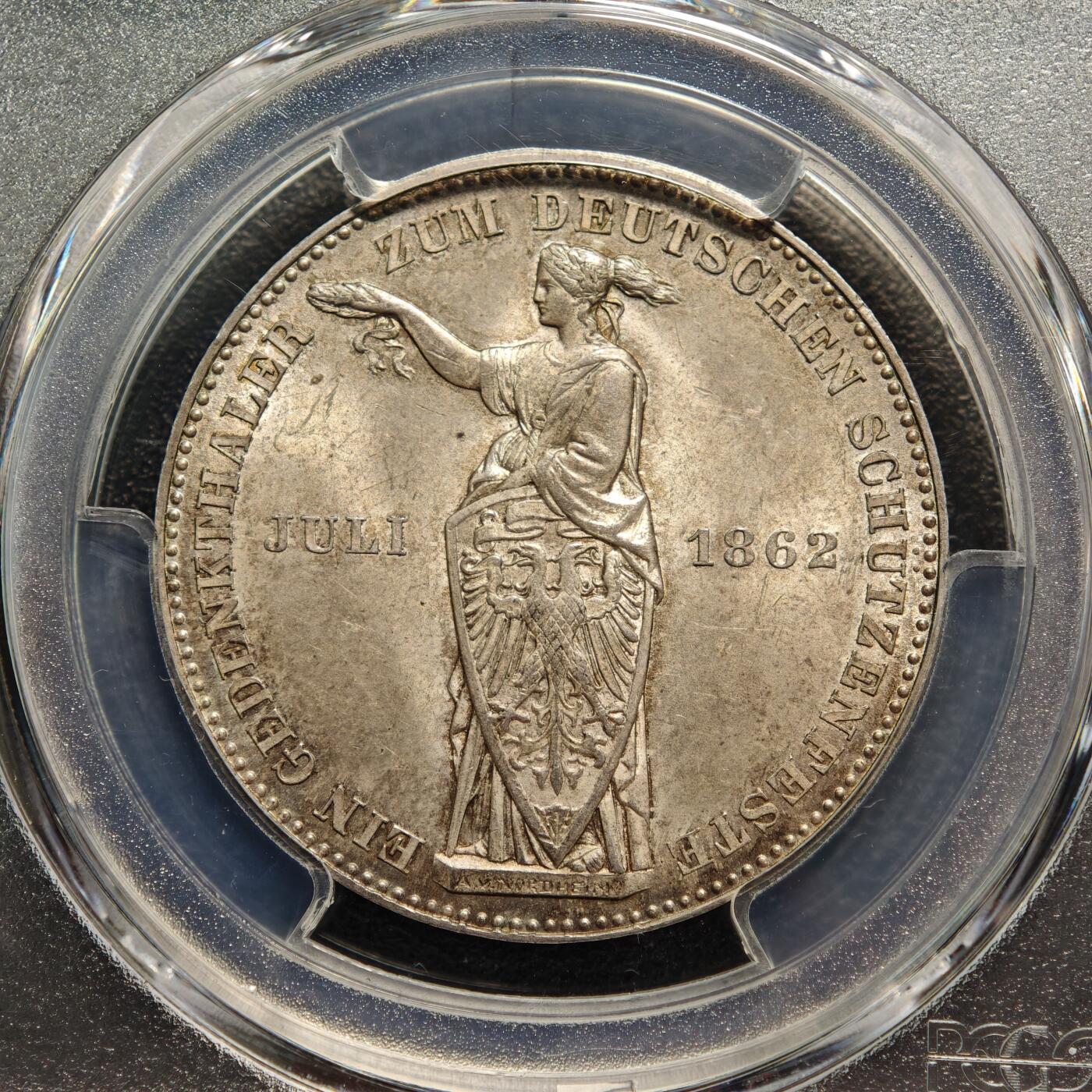 【德藏】世界币章拍卖第166期（拍品征集中~欢迎藏友联系） 1862年 德国法兰克福自由市德意志射击节泰勒纪念银币 PCGS MS66 状态极佳 味道十足