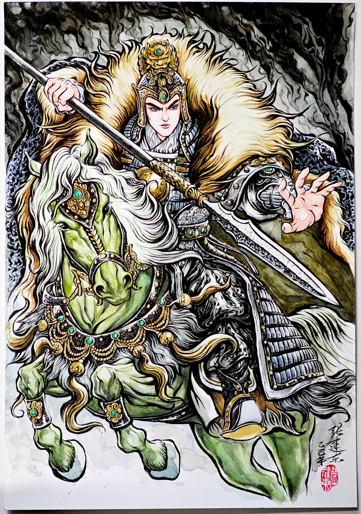 白泽拍卖卡牌手绘专场第33期（去岁千般皆如愿 今年万事定称心） 2025 张建东手绘画 马超  尺寸：27cm*39.3cm  张建东亲签