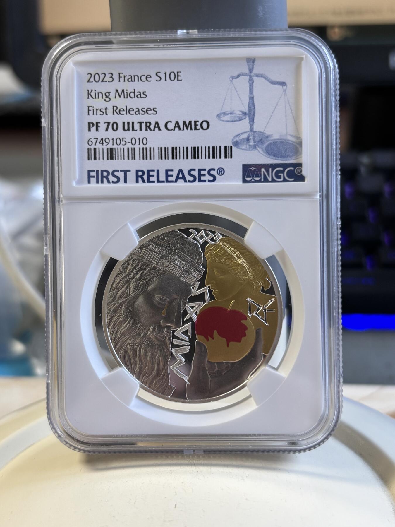 第191期拍卖  法国2023年黄金传说 弗里吉亚国王迈达斯 精制镀金纪念银币NGC-PF70首，22.2克，999银，发行3000枚