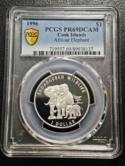【德藏】世界币章拍卖第166期（拍品征集中~欢迎藏友联系） - 1996年 英属库克群岛非洲草原象1元精制纪念银币 PCGS PR69DCAM 镜面极强