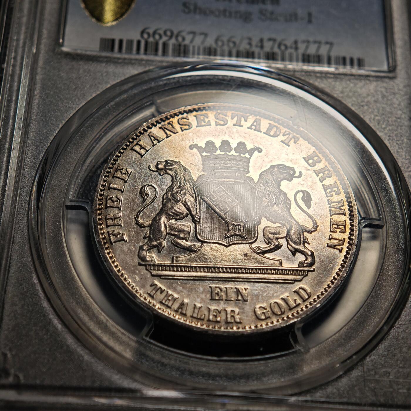 【德藏】世界币章拍卖第166期（拍品征集中~欢迎藏友联系） 1865年 德国不莱梅泰勒银币 PCGS MS66PL 类镜面底板 原味淡包浆 状态极佳