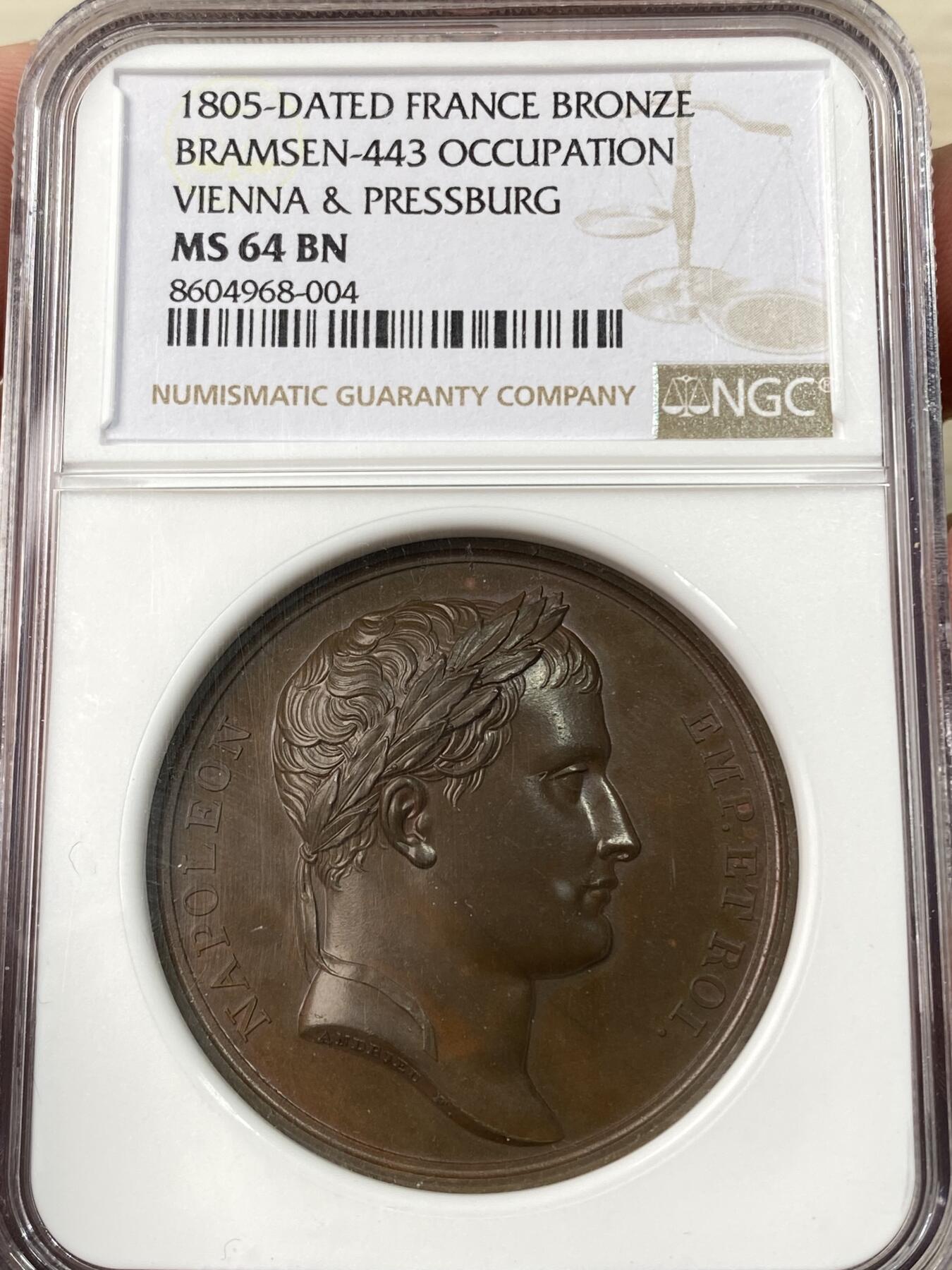 万国钱币拍卖第062期 NGC MS64 1805年法国拿破仑一世占领维也纳和斯洛伐克首都布拉迪斯拉发（旧称：普雷斯堡）纪念大铜章 罕见拿皇原铸高浮雕精品