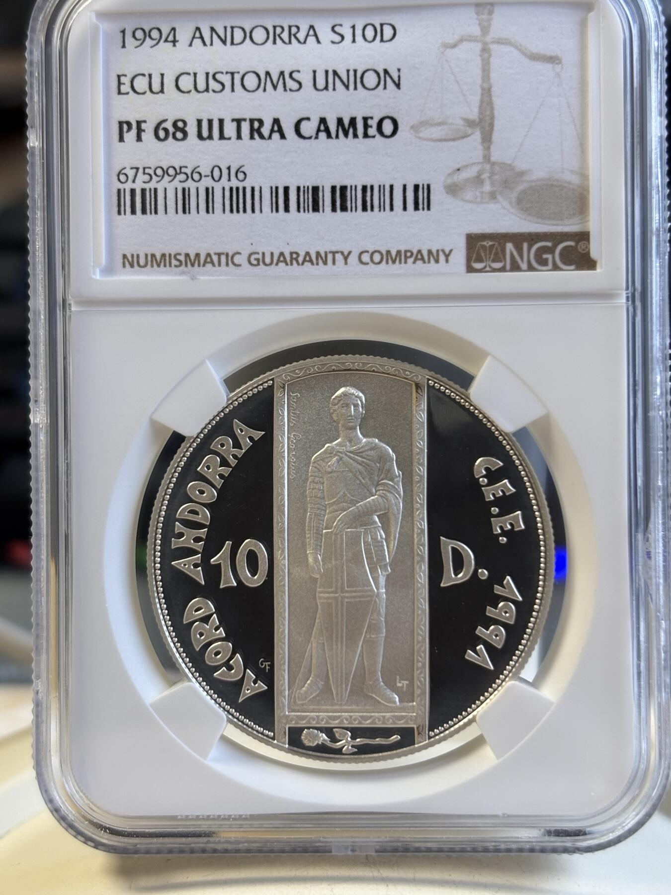 第191期拍卖 安道尔1994年关税同盟精制纪念银币NGC-PF68,  925银 ,31.47g