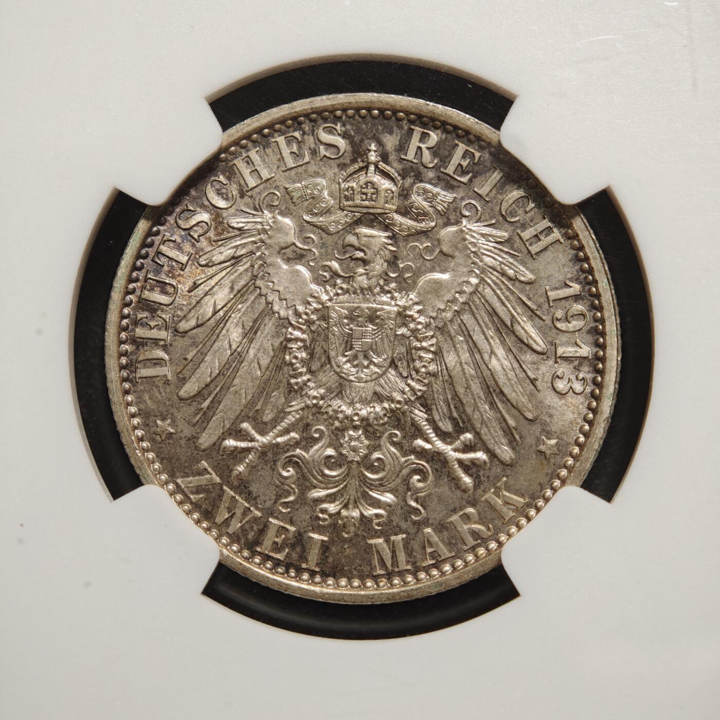 【德藏】世界币章拍卖第166期（拍品征集中~欢迎藏友联系） 1913年 德国普鲁士威廉二世军装2马克银币 NGC MS66 原味淡包浆