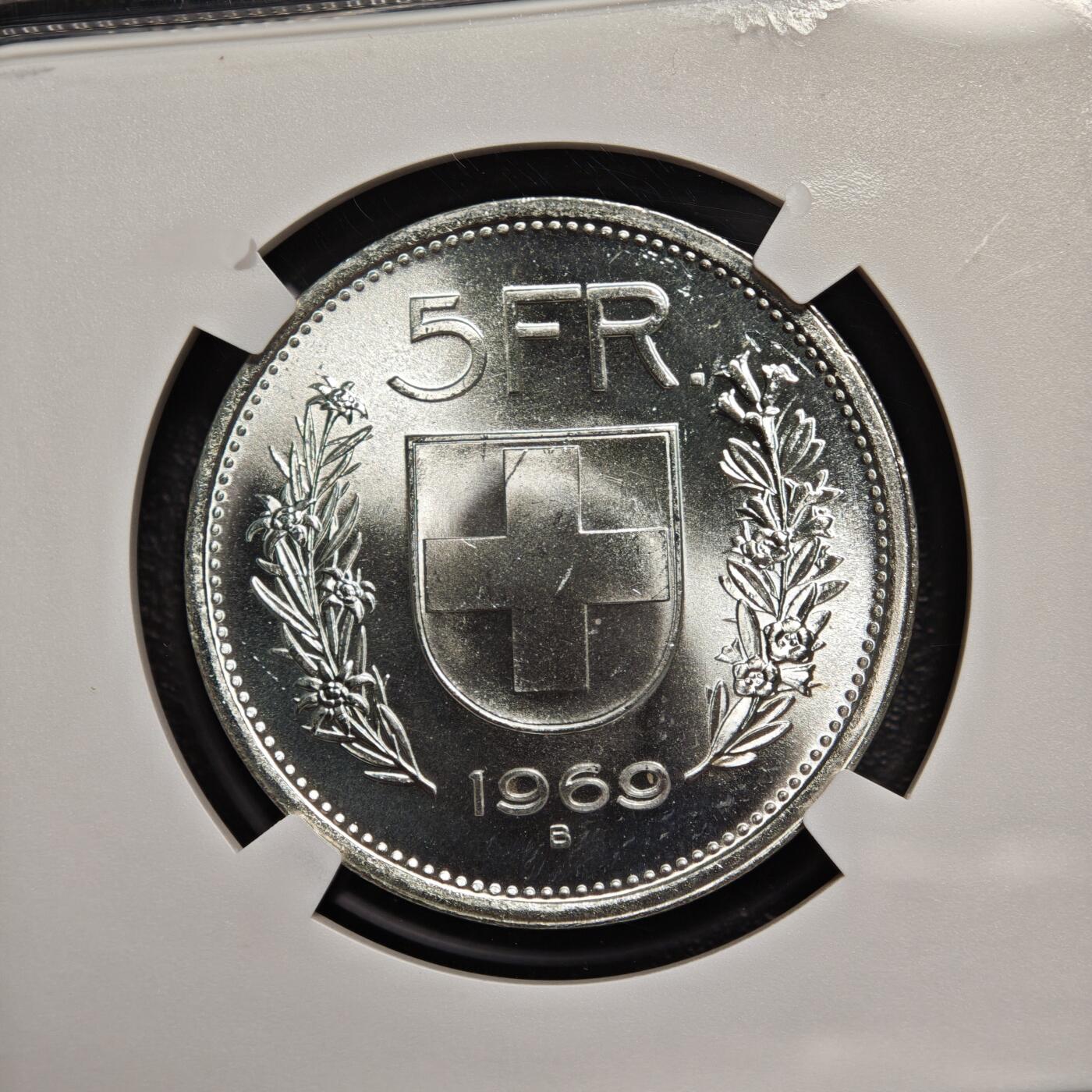 【德藏】世界币章拍卖第166期（拍品征集中~欢迎藏友联系） 1969年 瑞士威廉泰尔5法郎 NGC MS65