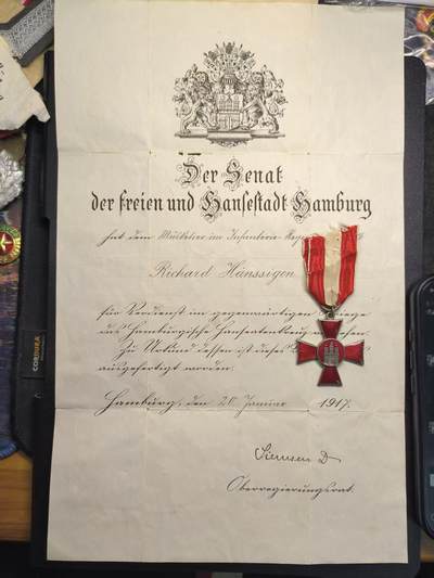 云宸嘉赏-勋臻精藏⭐️年后精品专拍场次🎖 - 汉萨十字勋章带证书 勋章品相完好 授予巴伐利亚步兵团的理查德・汉斯西格先生