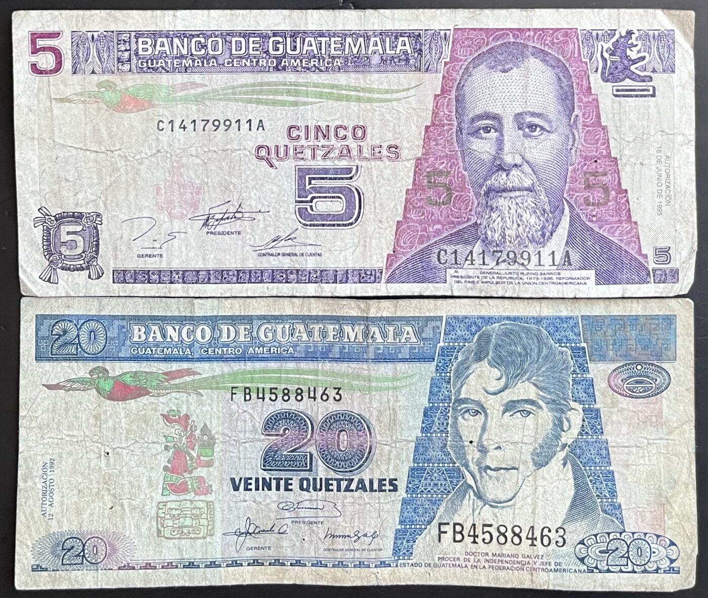 小福收藏拍卖第201期 流通品相裸钞 特惠场 本场拍卖美洲大洋洲非洲亚洲纸币【佣金仅收2% 不设最低佣金 全场包邮】 危地马拉 1995年 5+1992年 20格查尔 1组2张 