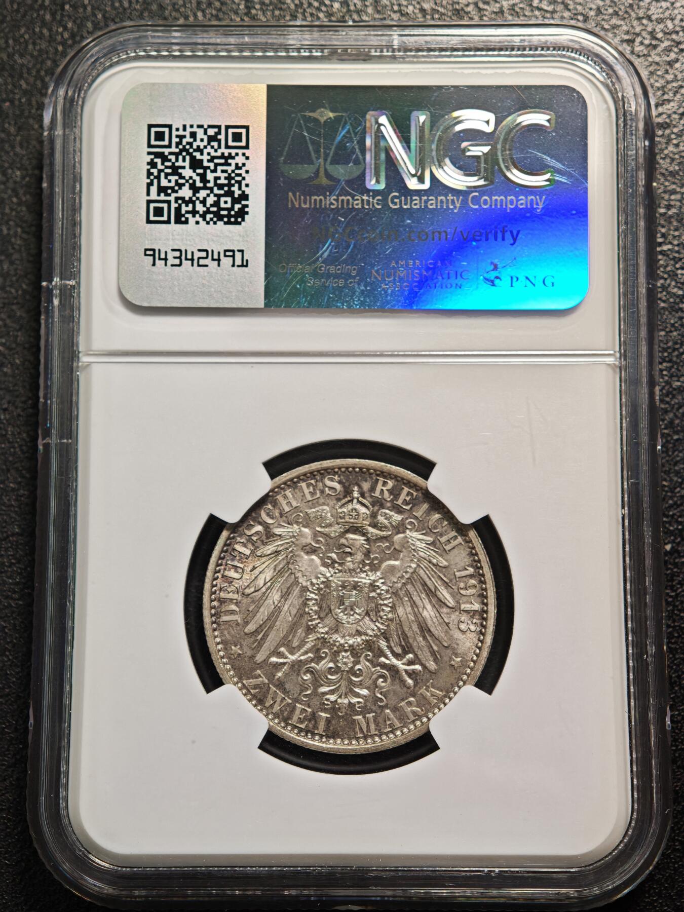 【德藏】世界币章拍卖第166期（拍品征集中~欢迎藏友联系） 1913年 德国普鲁士威廉二世军装2马克银币 NGC MS66 原味淡包浆