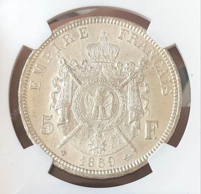 法国1869年拿破仑三世5法郎银币 NGC-MS63 法国1869年拿破仑三世5法郎银币 NGC-MS63