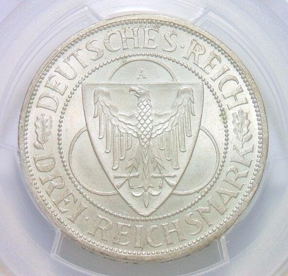 【银】PCGS MS64 德国魏玛1930年莱茵解放3马克纪念银币 开卷丝绸原光