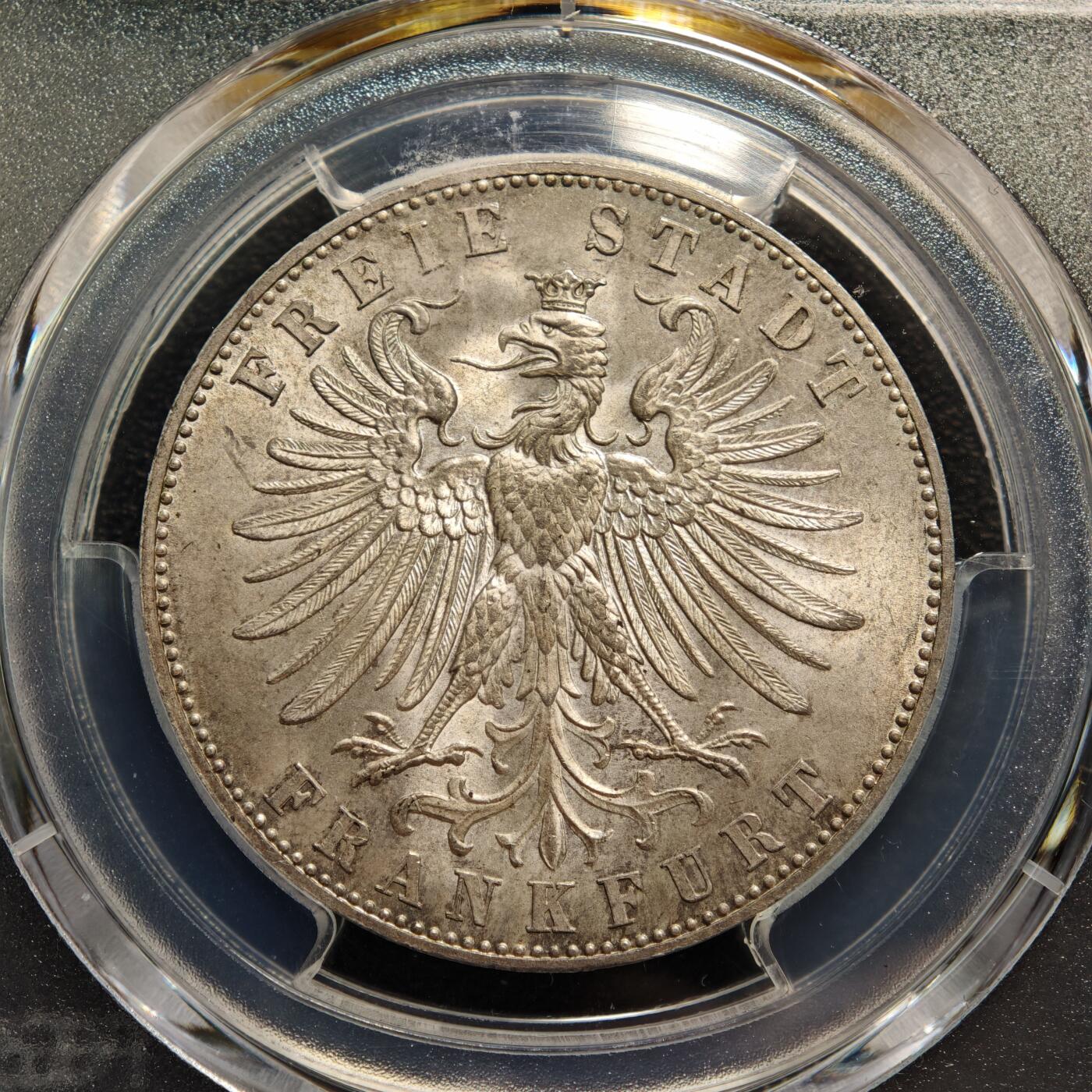 【德藏】世界币章拍卖第166期（拍品征集中~欢迎藏友联系） 1862年 德国法兰克福自由市德意志射击节泰勒纪念银币 PCGS MS66 状态极佳 味道十足