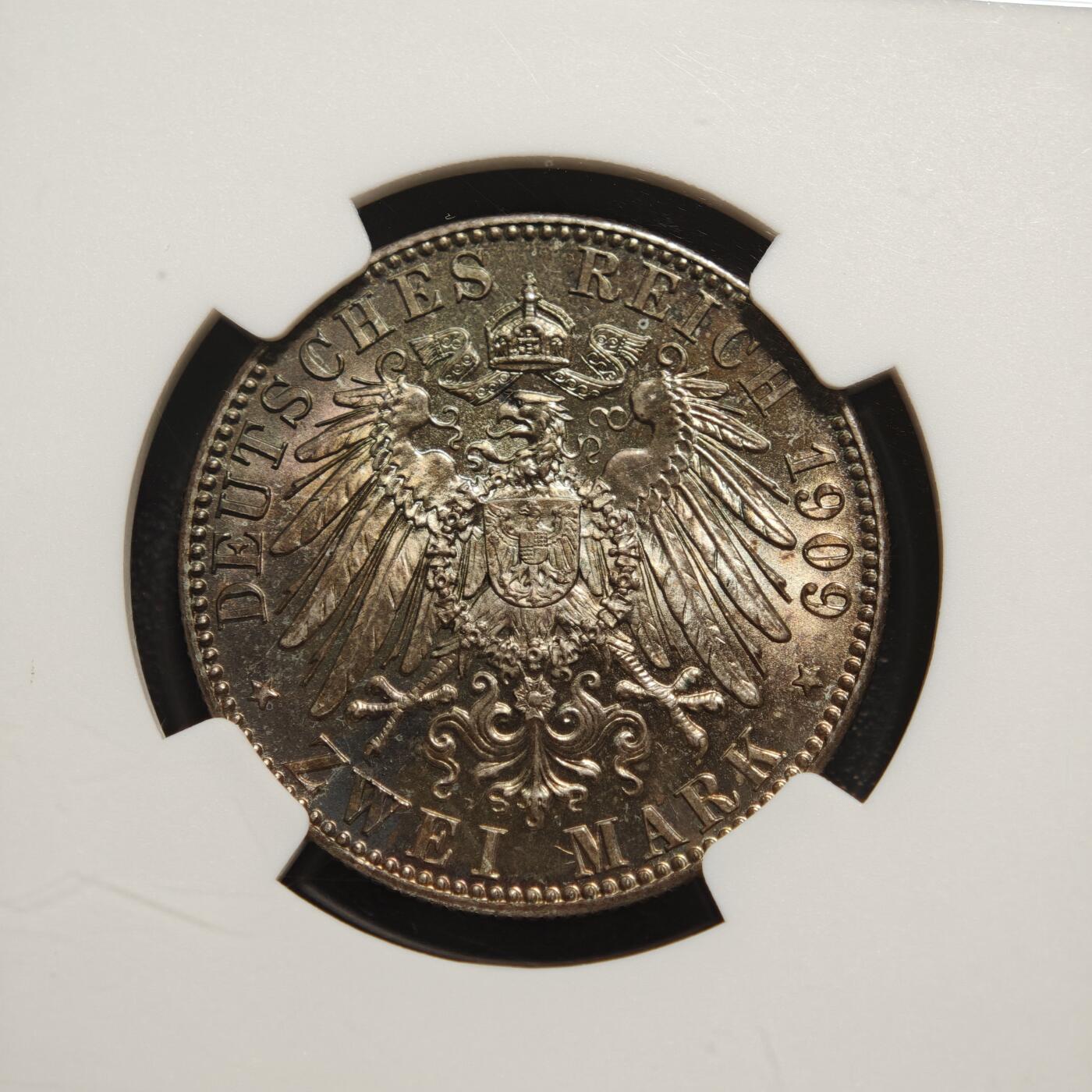 【德藏】世界币章拍卖第166期（拍品征集中~欢迎藏友联系） 1909年德国萨克森莱比锡大学2马克银币 NGC MS65 深彩包浆