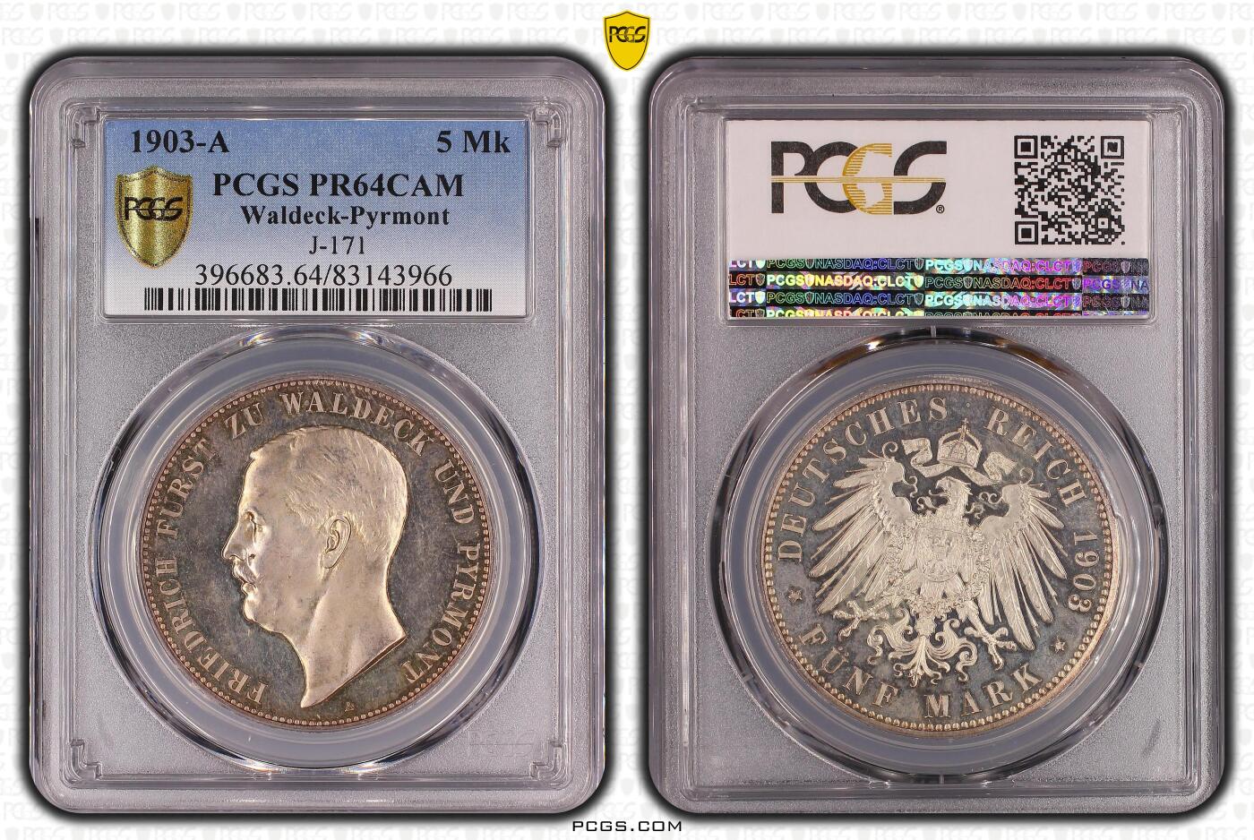 此心安处是吾乡·凡希社世界钱币微拍第三百二十期 稀！1903德国瓦尔德克-皮尔蒙特5马克大银精铸PCGS-PR64CAMEO，作为德意志最小邦国发行的最后一种5马克精铸大银，铸量不足2000枚，实物凝霜效果强烈，观赏性极高，德系藏家不容错失的邦国马克珍品！（附视频）