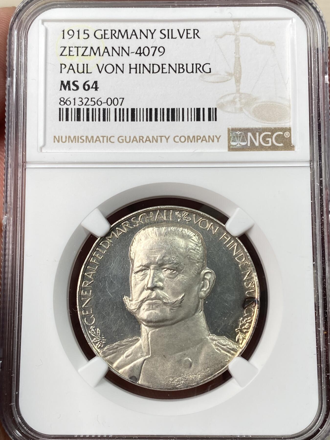 万国钱币拍卖第062期 NGC MS64 1915年德国军神兴登堡东线大捷纪念银章 巨人之间的较量 超绝精铸镜面极美