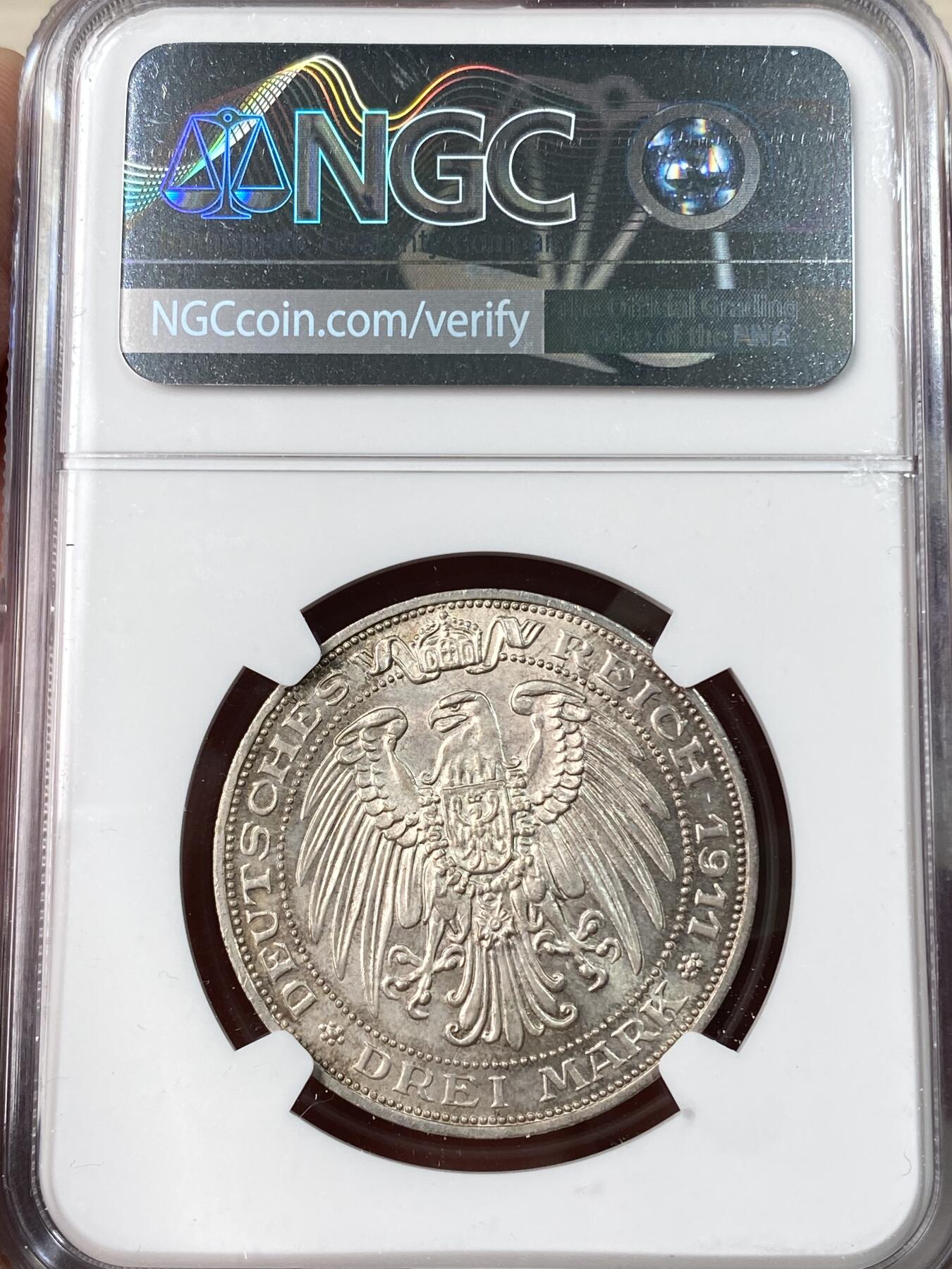 万国钱币拍卖第062期 NGC MS64 1911年德国普鲁士布雷斯劳大学长翅3马克 双面转光环五彩极美光度炸裂