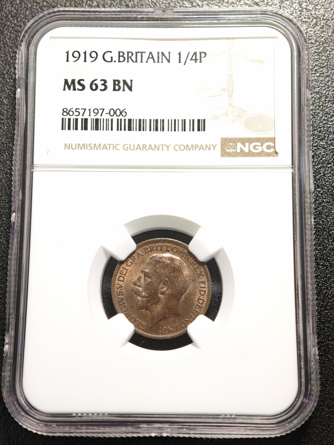 【德藏】世界币章拍卖第166期（拍品征集中~欢迎藏友联系） 1919年 英国爱德华七世1/4便士铜币 NGC MS63BN 状态极佳