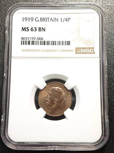 【德藏】世界币章拍卖第166期（拍品征集中~欢迎藏友联系） - 1919年 英国爱德华七世1/4便士铜币 NGC MS63BN 状态极佳
