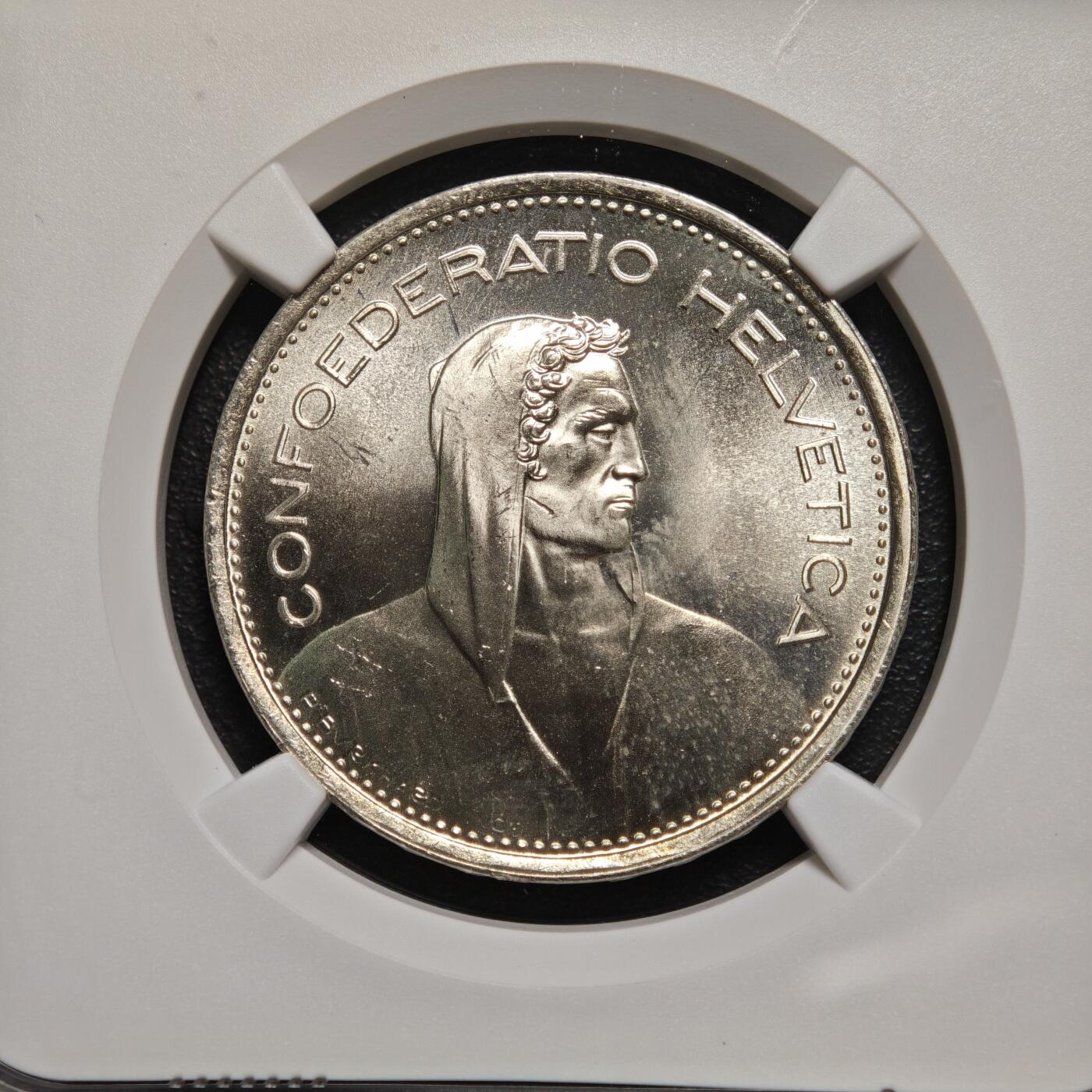 【德藏】世界币章拍卖第166期（拍品征集中~欢迎藏友联系） 1969年 瑞士威廉泰尔5法郎 NGC MS65