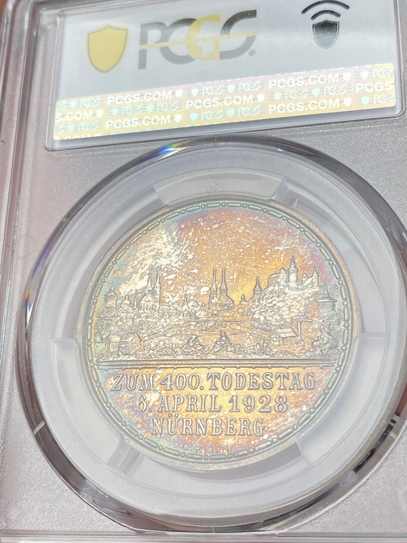 万国钱币拍卖第062期 PCGS SP66 1928年德国纽伦堡版画画圣丢勒逝世400周年纪念银章 精铸镜面满满喷砂质感 绚烂晚霞金彩原味包浆环绕 丢勒系列最精美绝伦品种没有之一 PCGS亚军分官网广告图顶级收藏品质