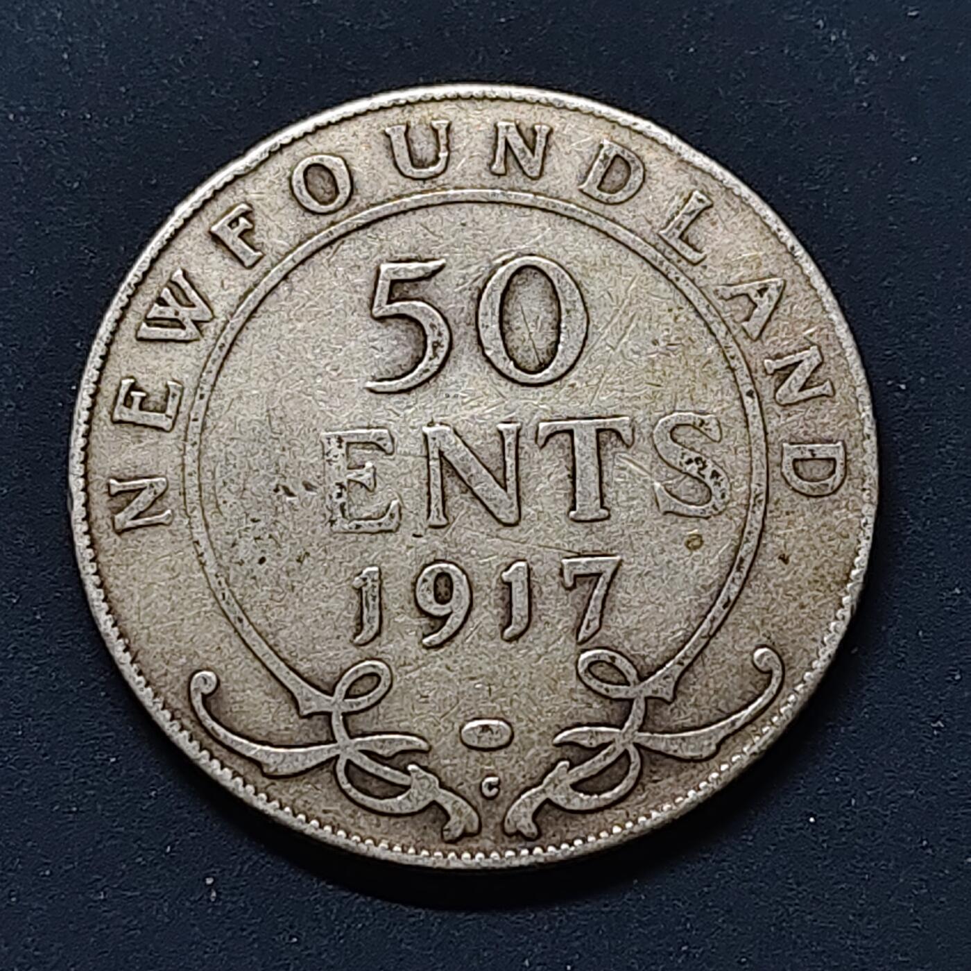 【全场包邮】纯粹捡漏拍508场 纽芬兰1917年乔治五世50分银币【29.74毫米11.78克92.5%】