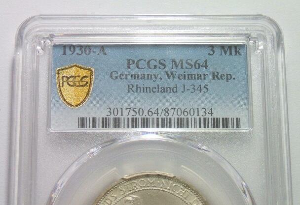【银】PCGS MS64 德国魏玛1930年莱茵解放3马克纪念银币 开卷丝绸原光