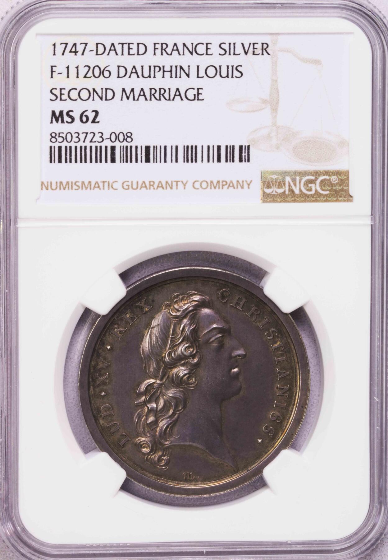 NGC-MS62 1747法国路易十五结婚银章 可爱小天使