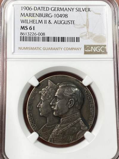 万国钱币拍卖第062期 - NGC MS61 1906年德国普鲁士威廉二世与石勒苏益格-荷尔斯泰因的奥古斯塔·维多利亚公主银婚纪念银章 欧陆黑漆古酱彩 维多利亚是德皇最爱的第一任妻子和表姐  也是最后一位德意志皇后和普鲁士王后