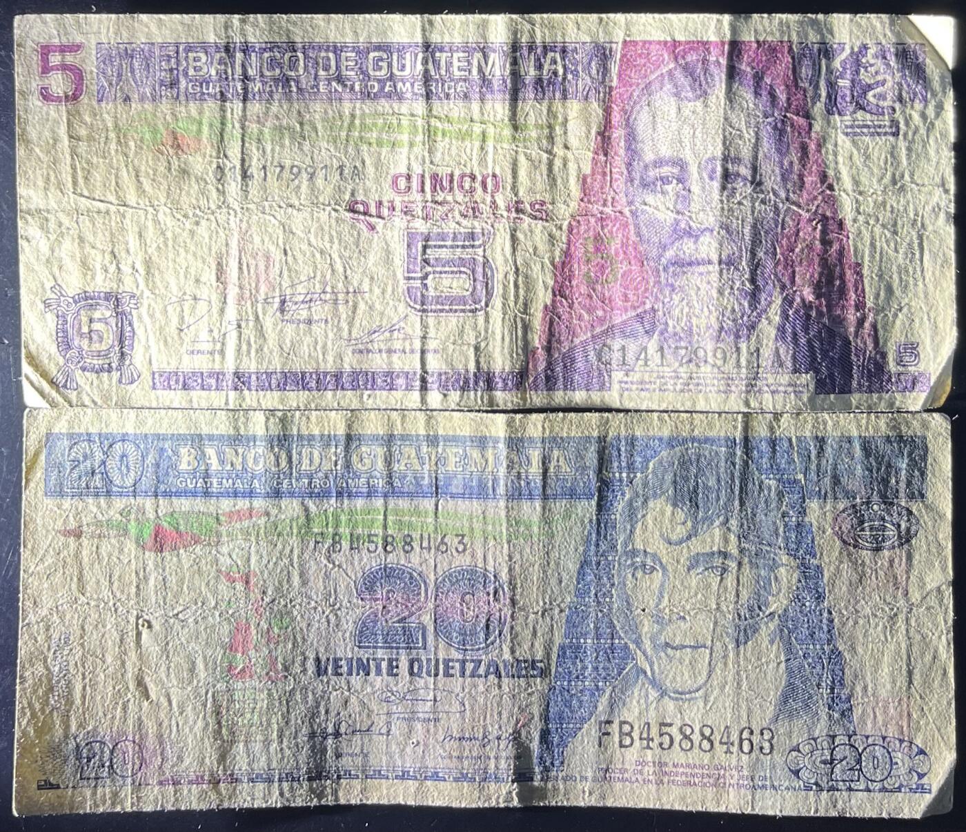 小福收藏拍卖第201期 流通品相裸钞 特惠场 本场拍卖美洲大洋洲非洲亚洲纸币【佣金仅收2% 不设最低佣金 全场包邮】 危地马拉 1995年 5+1992年 20格查尔 1组2张 